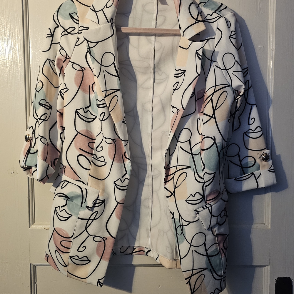 White and Pink Artistic Blazer with Abstract Design